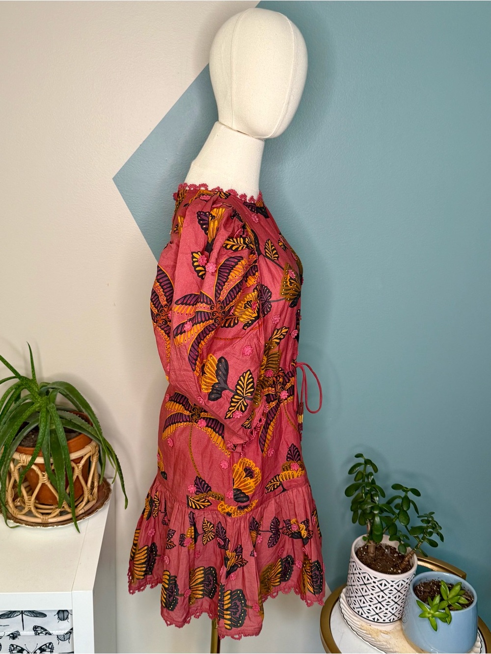 FARM Rio Pink Floral Applique Puff Sleeve Cotton Mini Dress XXS Cottagecore Boho - Picture 5 of 14